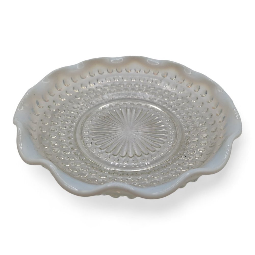 Vintage Fenton Bubble Hobnail Glass Dish Bow Moonstone Rim Ruffled Opalescent 8"